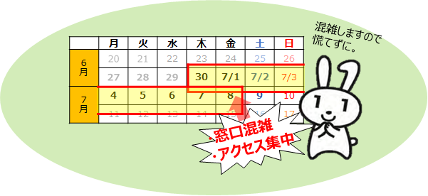 ６月30日から７月８日にかけて、アクセス集中・市区町村窓口の混雑が予想されます